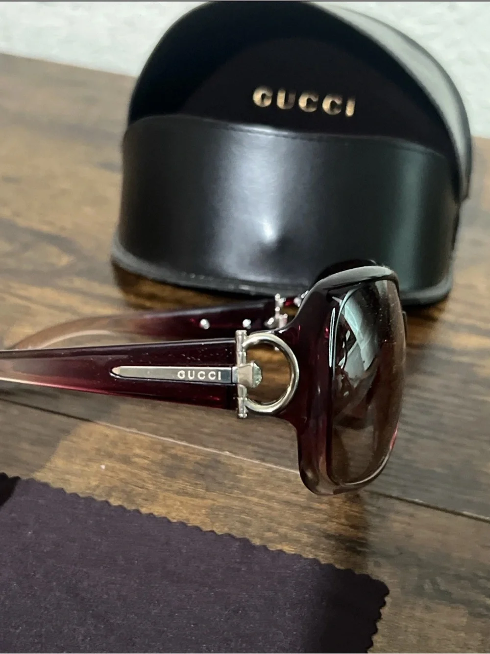 Gucci Women’s Deep Wine Gradient Sunglasses with Silver Logo Ring